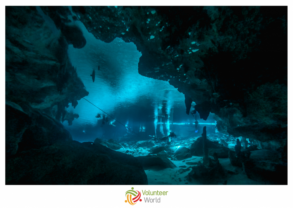 scuba diving in underwater cave