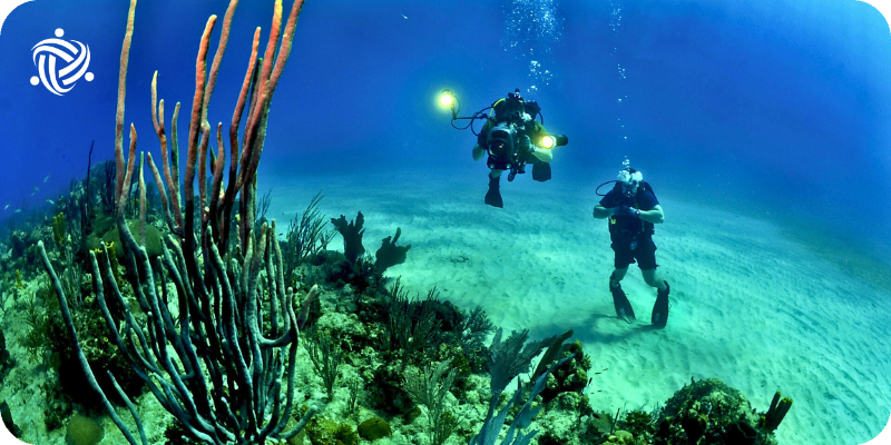 Scuba Divers making underwater photography of corals in Indonesia as Volunteers.